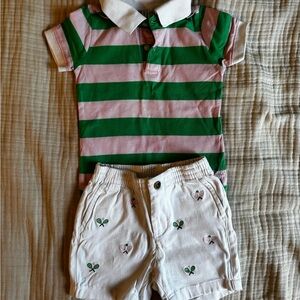 Green and Pink Striped Polo Shirt with White Shorts